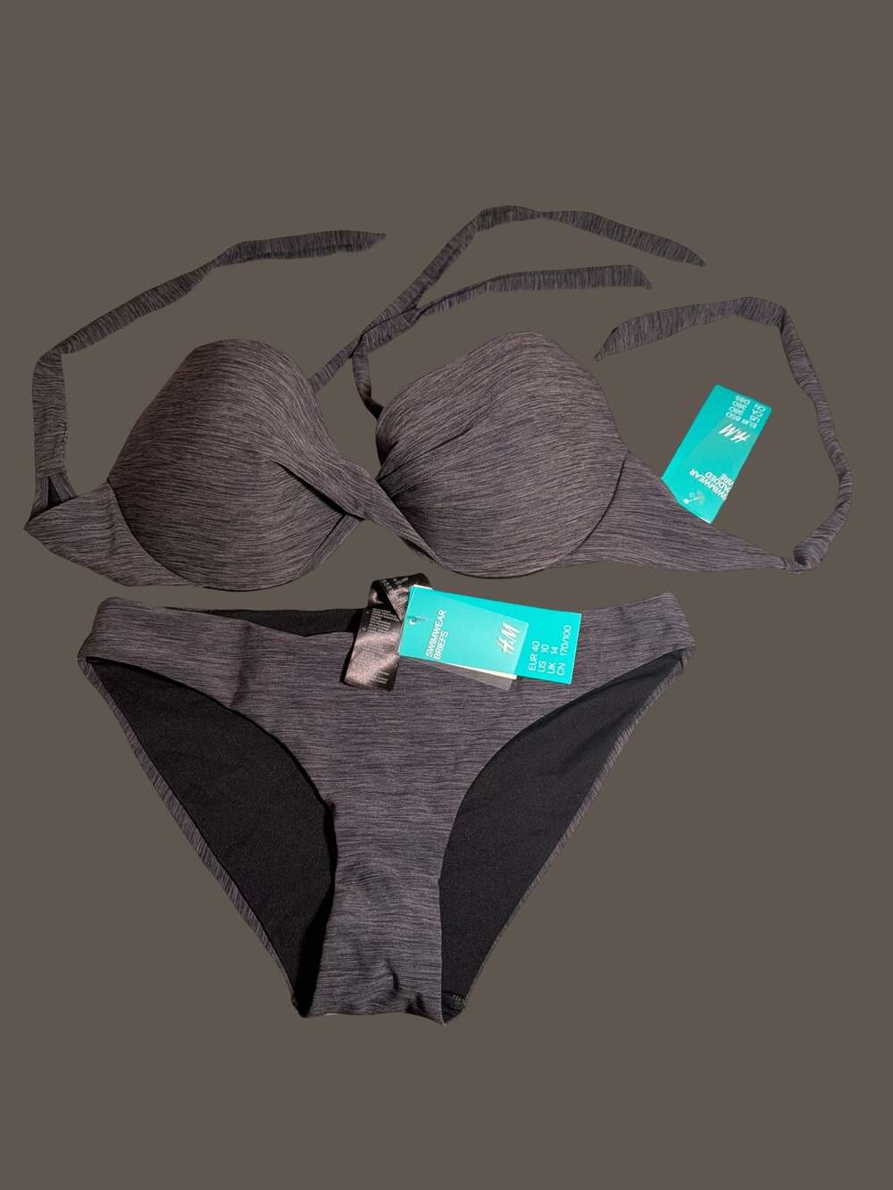 H&M Padded Wire Bikini Top & Swimwear Briefs Set Grey Marled Size 38D/10 - Picture 2 of 10
